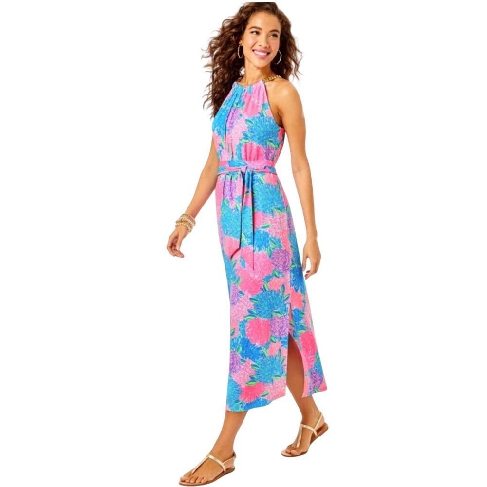 Lilly Pulitzer Bingham Midi Dress Beach House Blooms Chain Halter Size M Resort